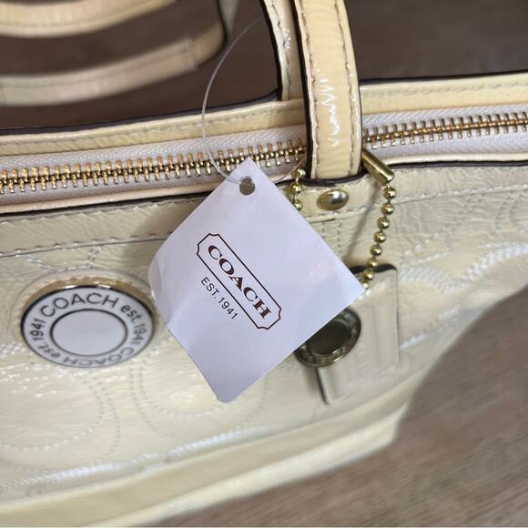 NWT Coach Signature Patent Leather Stitched Stripe Small Tote Butter Cream - Picture 7 of 10